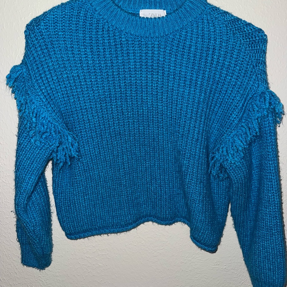 Zara Teal Fringe Knit Sweater